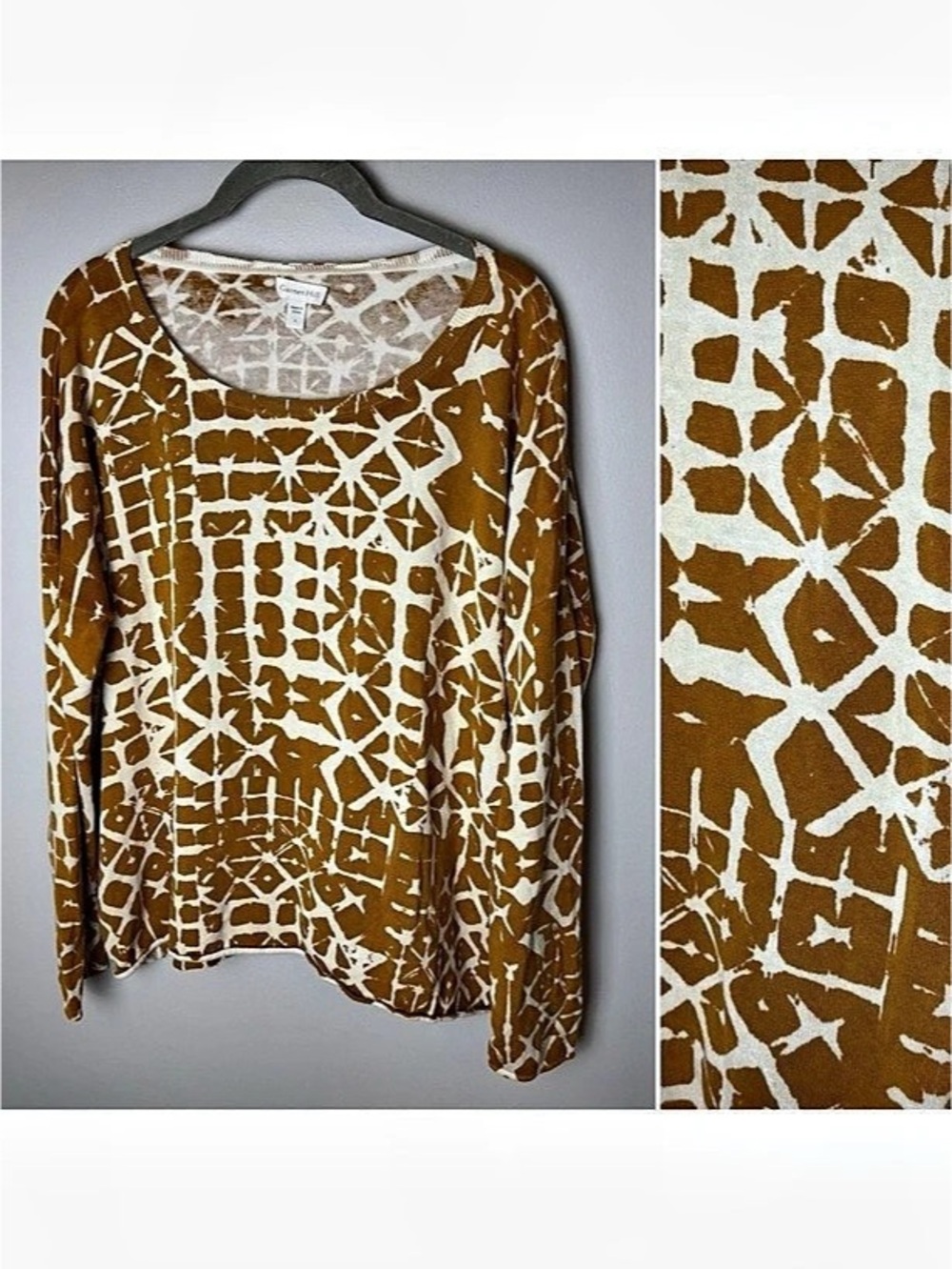 Garnet Hill Silk Cotton Top Size Large Mustard Ivory Abstract Print Long Sleeves